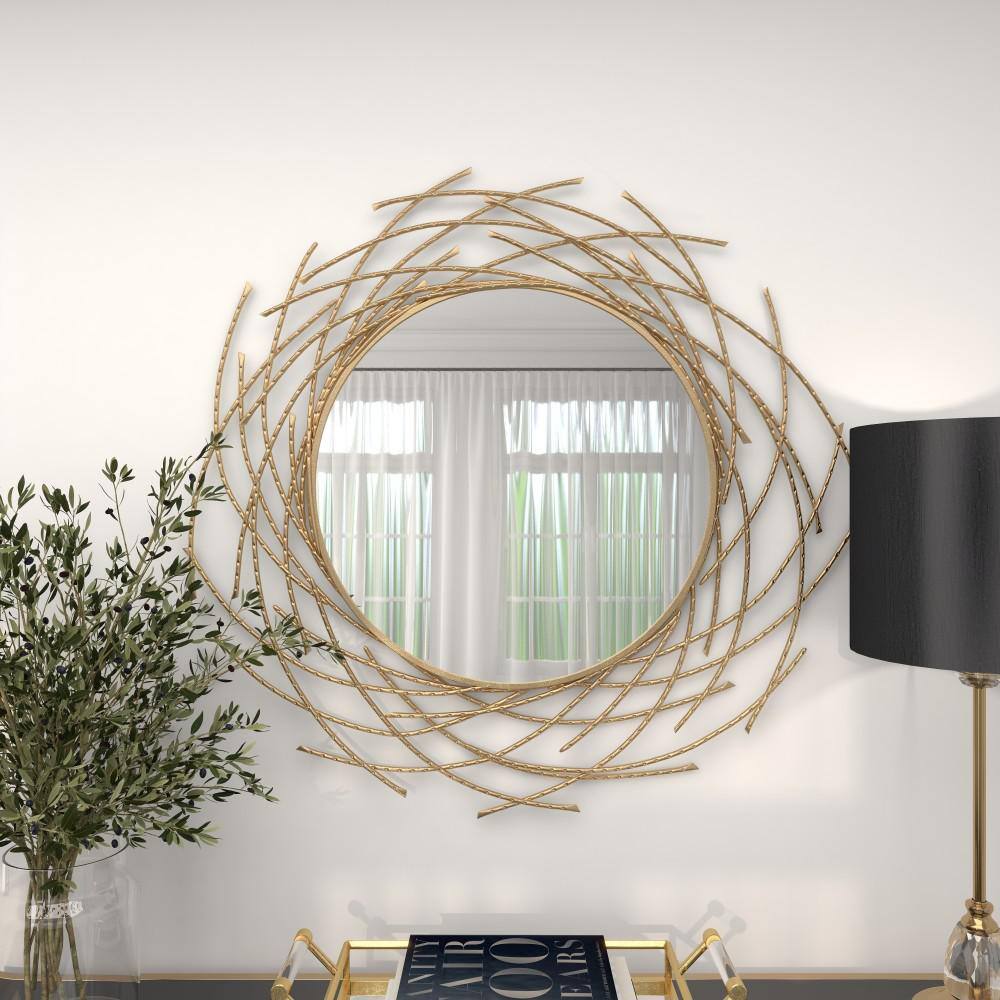 Gold Sunburst Round Wood Wall Mirror, 39"