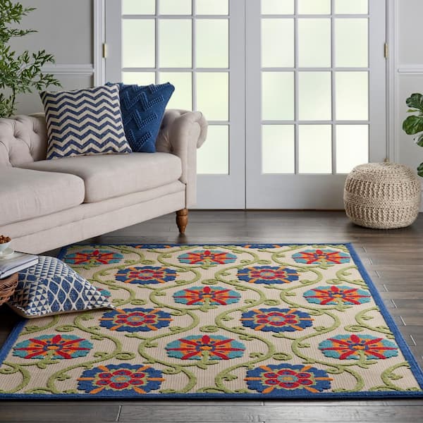 Aloha Easy-Care Blue/Multicolor 4 ft. x 6 ft. Floral Modern Indoor/Outdoor Patio Area Rug