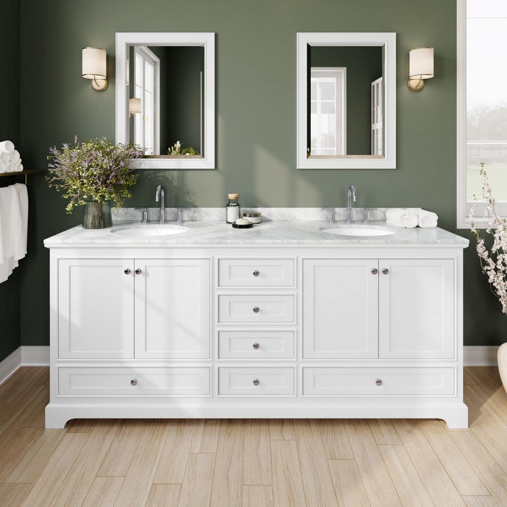 Deborah 80'' White Double Vanity with Carrara Marble Top and Chrome Hardware