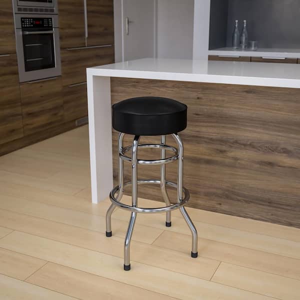 Bruno 30 in. Black Backless Metal Bar Stool with Vinyl Seat Double Ring Chrome