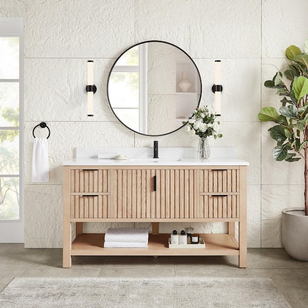 Tehran 60 in.W x 22 in.D x 33.9 in.D Single Bath Vanity in Aged Natural Oak with White Engineered Stone Top