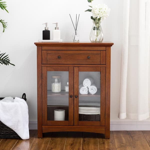 Glitzhome 25.6 in. W x 12.6 in. D x 32 in. H Shelved Floor Cabinet with Double Doors in Brown