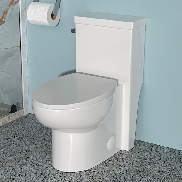Ceramic 1.28 GPF 1-Piece Single Flush Left Side Flush Handle Elongated Toilet in Glossy White with Soft Closing Seat