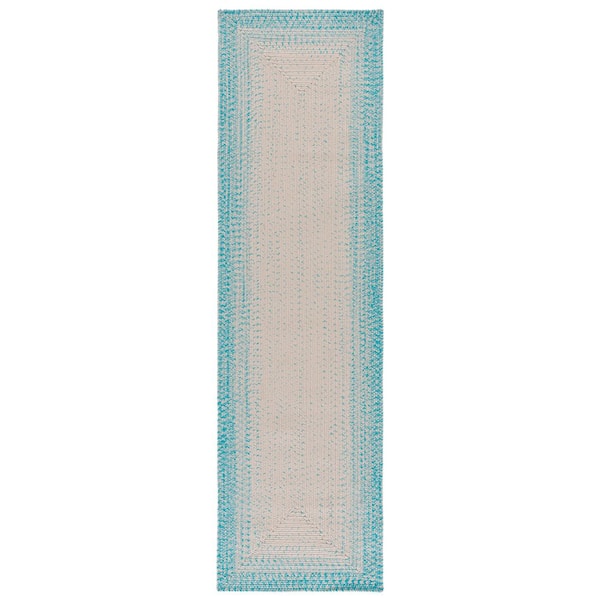 Braided 2 ft. x 8 ft. Ivory/Aqua Border Gradient Washable Indoor/Outdoor Runner Rug