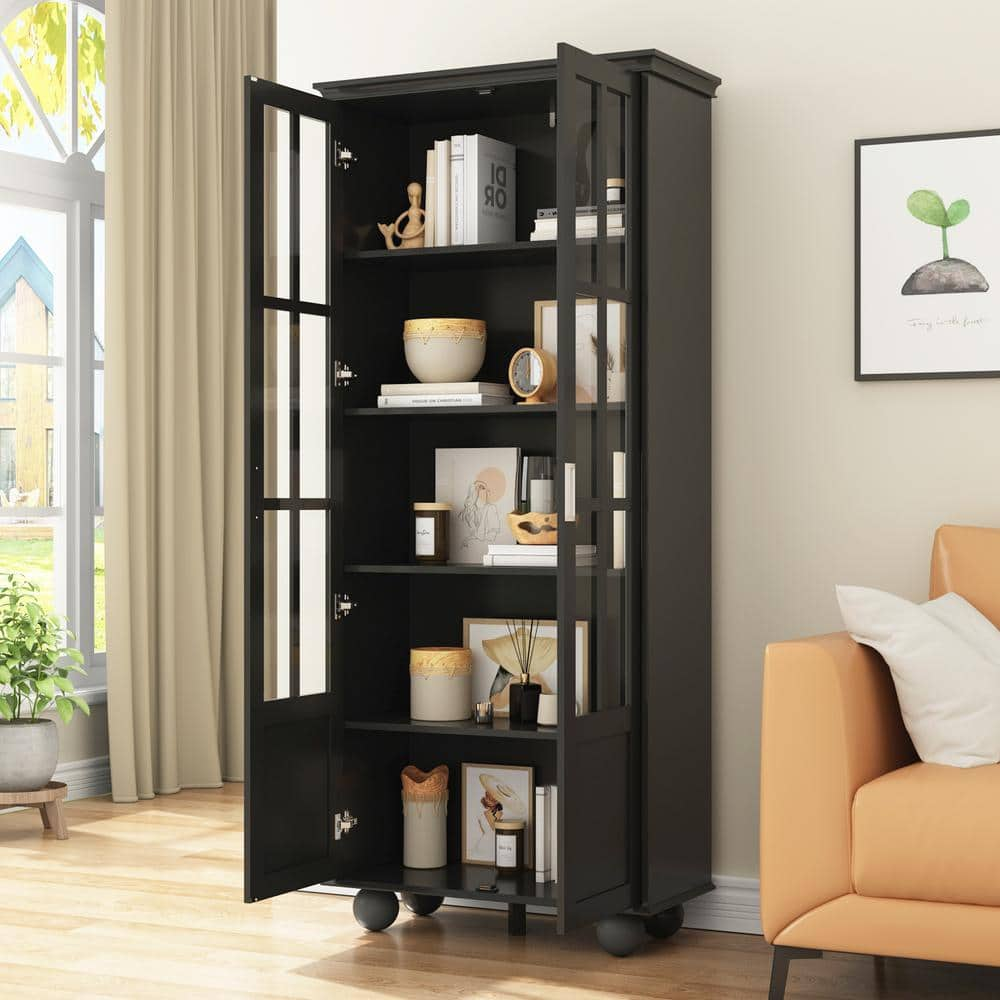 FUFU&GAGA 68.9 in. H White Wood Doors Accent Cabinet with 4-Tier Shelves and 2-Drawers Storage Cabinet Bookshelf Cupboard