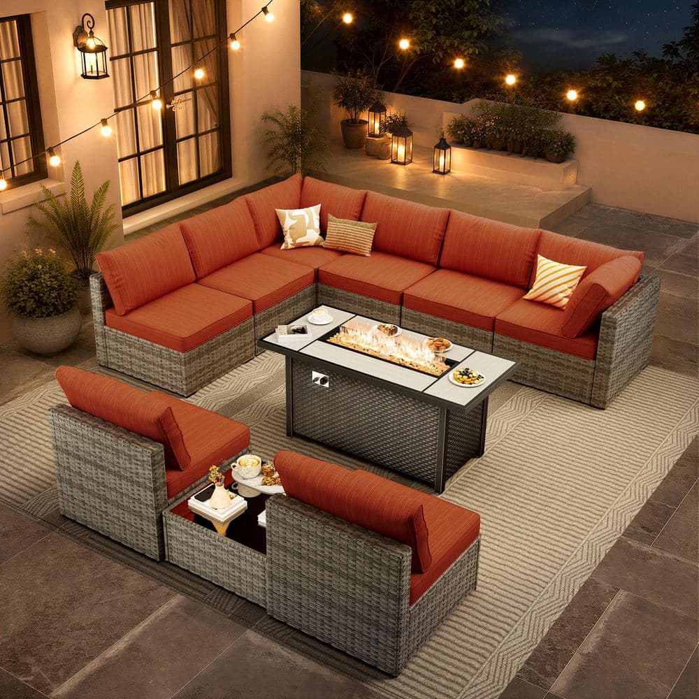 Hoppie Gray 10-Piece Wicker Patio 54 in.Rectangle Fire Pit Conversation Set with Orange Red Cushions price history on PriceWatchPro