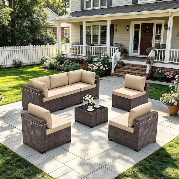 Halmuz 7-Piece Wicker Outdoor Sectional Set with Cushion Sand 7PS