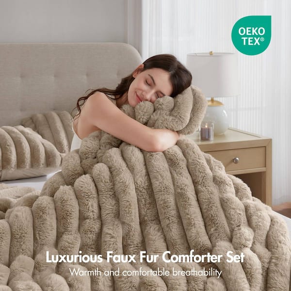 Madison Park Dahlia Polyester Taupe Faux Fur King Comforter Set