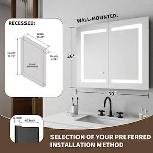 Velux 30 in. W x 26 in. H Rectangular Silver Aluminum Recessed/Surface Mount Dual Swing Medicine Cabinet with Mirror LED