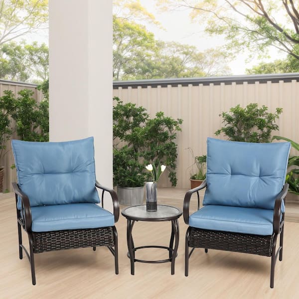 Unbranded 3-Piece Black Wicker Outdoor Patio Conversation Set Rattan Chair with Coffee Table, Blue Cushion, for Backyard, Lawn