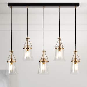Modern 5-Light Black and Brass Linear Chandelier for Dining Room with Bell Seeded Glass Shades and No Bulb Included