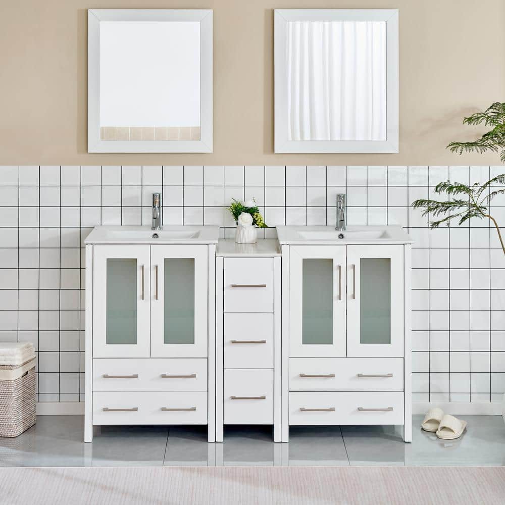 Brescia 60 in. W x 18.1 in. D x 35.8 in. H Double Basin Bathroom Vanity in White with Top in White Ceramic and Mirror price history on PriceWatchPro