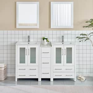 Brescia 60 in. W x 18.1 in. D x 35.8 in. H Double Basin Bathroom Vanity in White with Top in White Ceramic and Mirror