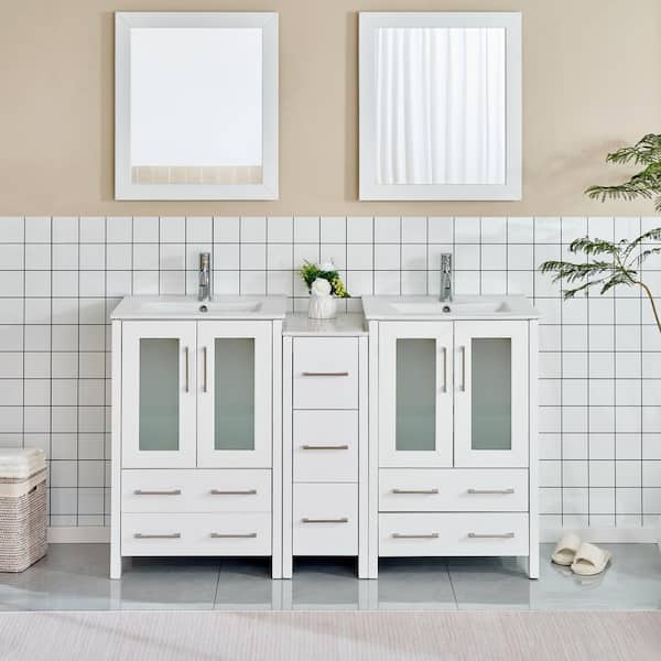 Vanity Art Brescia 60 in. W x 18.1 in. D x 35.8 in. H Double Basin Bathroom Vanity in White with Top in White Ceramic and Mirror