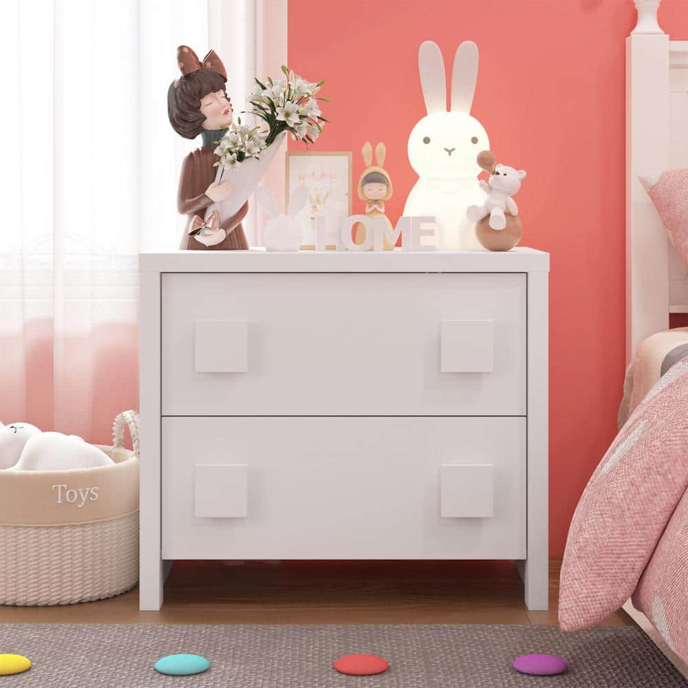 White 2-Drawer 31.5 in. Width x 27.6 in. Height Wooden Nightstand, Side Table, Nesting Table with Square Handles Design price history on PriceWatchPro
