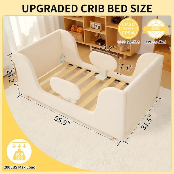 Toddler Floor Bed with Removable Safety Rails Kids Bed Standard Crib Size Toddler Upholstered Bed, White