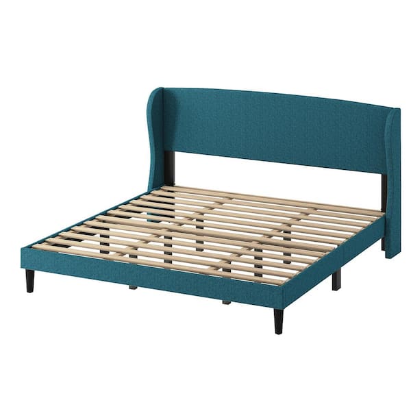 JAYDEN CREATION Eckhard Turquoise Upholstered Wingback King Platform Bed with Tapered Legs