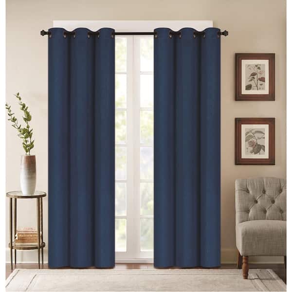 J&V TEXTILES Embossed Navy Blue Polyester Thermal 76 in. W x 84 in. L Grommet Blackout Curtain Panel (2-Set)