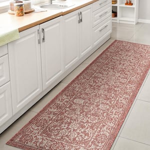 Tela Bohemian Textured Weave Floral Red/Taupe 2 ft. x 8 ft. Indoor/Outdoor Runner Rug