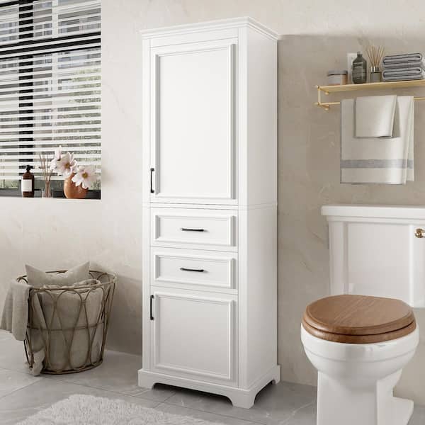 White Wood 71 in. H Accent Cabinet Bathroom Linen Cabinet Storage Cabinet with Adjustable Shelf, 2 Drawers