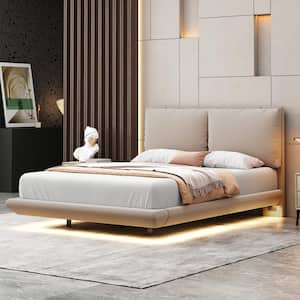 Floating Beige Wood Frame Full Size Velvet Upholstered Platform Bed with Sensor Light, 2-Plump Backrests, USB Ports