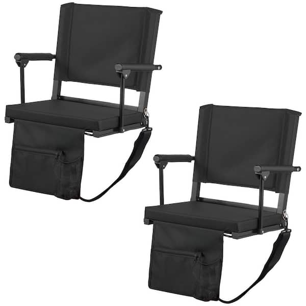 Outdoor Portable Stadium Chairs with Armrest, Back Support and Thick Cushion in Black (2PCS)