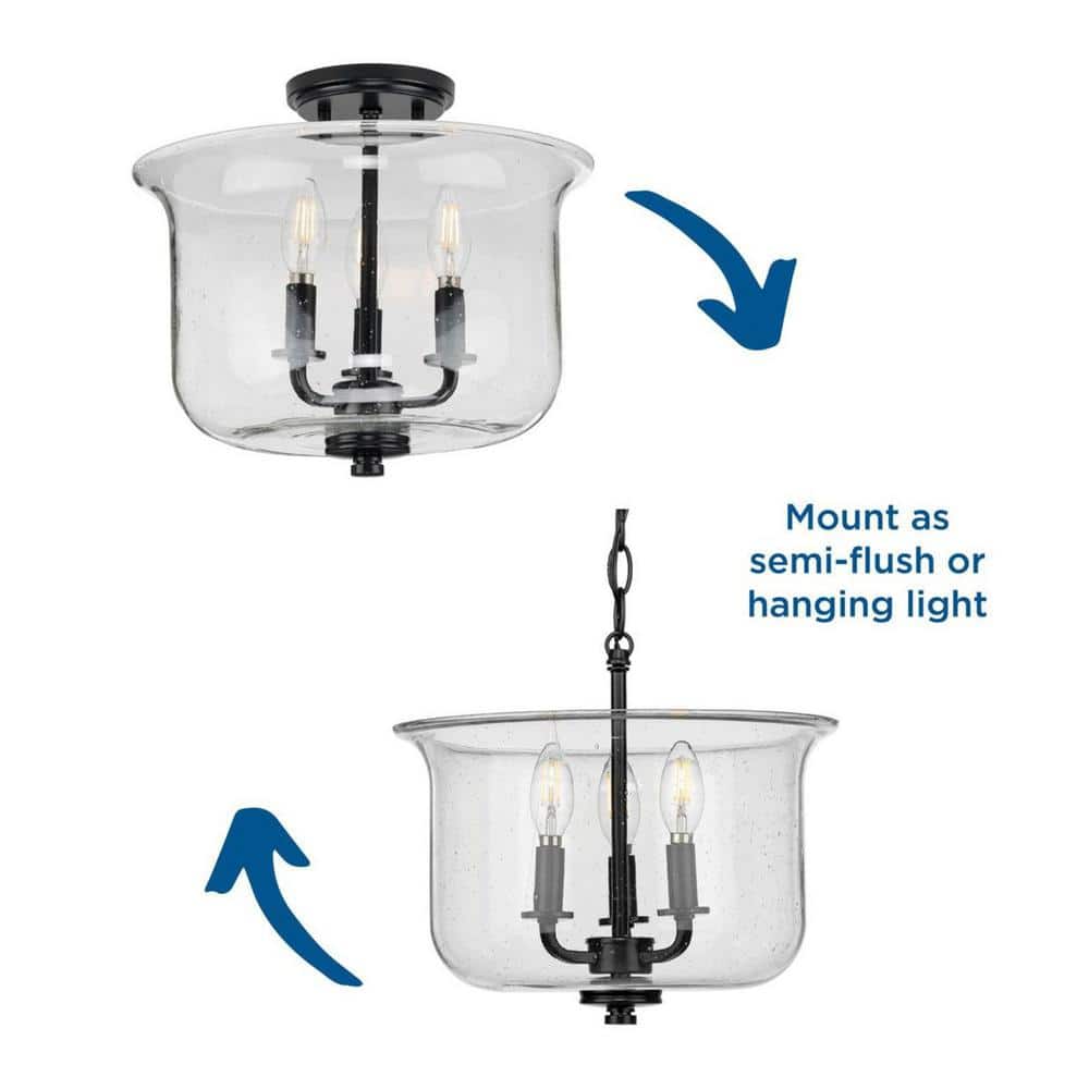 Winslett Matte Black Semi-Flush Mount with Seeded Glass Shade