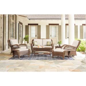Beacon Park Brown Wicker Outdoor Patio Loveseat with CushionGuard Almond Tan Cushions