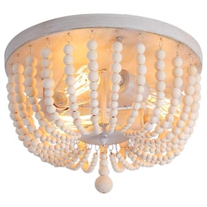 11.81 in. 3-Light Oak White Flush Mount with White Solid Wood Beads