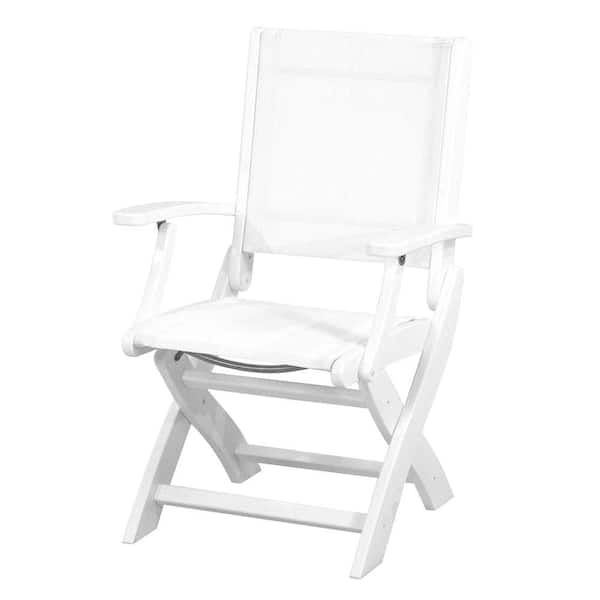POLYWOOD Coastal White Patio Folding Chair with White Sling