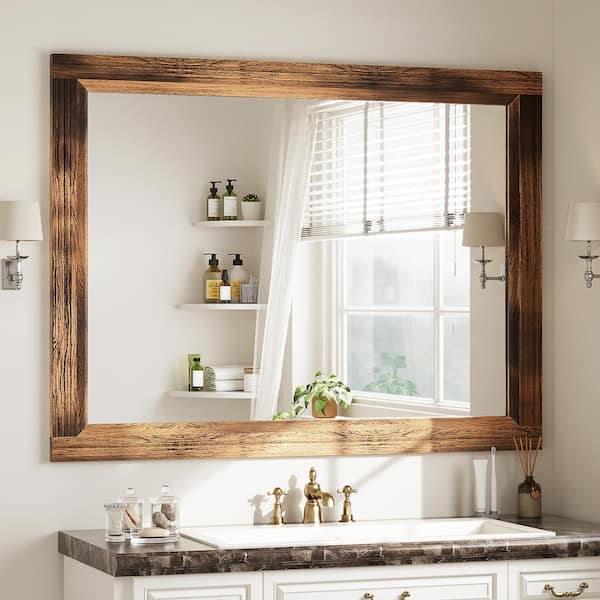 30 in. W x 40 in. H Large Rectangular Wooden Dark Framed Wall Vanity Mirror Brown Bathroom Mirror