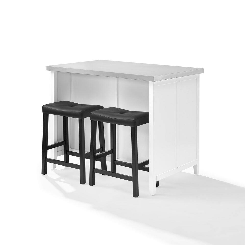 Silvia White Kitchen Island with Stainless Steel Top and Black Upholstered Saddle Stools