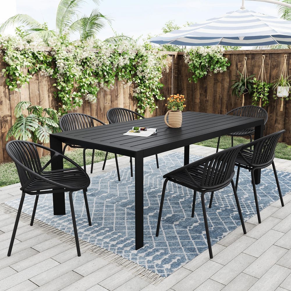 7-Piece Metal Rectangle Outdoor Dining Set with Stackable Dining Chairs