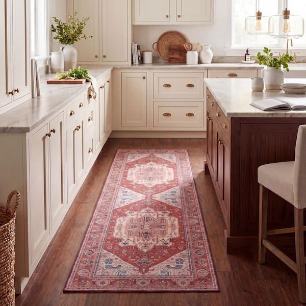 Tucson 3 ft. x 6 ft. Red/Pink Medallion Washable Runner Rug