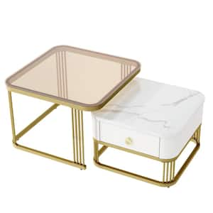 White Square Nesting Coffee Table with Drawer, Set of 2 Tempered Glass, High Gloss Marble Grain Tabletop for Living Room