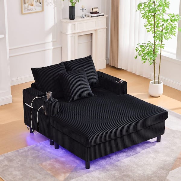 Ely Black Chenille Upholstered Chaise Lounge Sofa with USB Charging, RGB Light Strip, Cup Holder, Side Pocket, Pillows