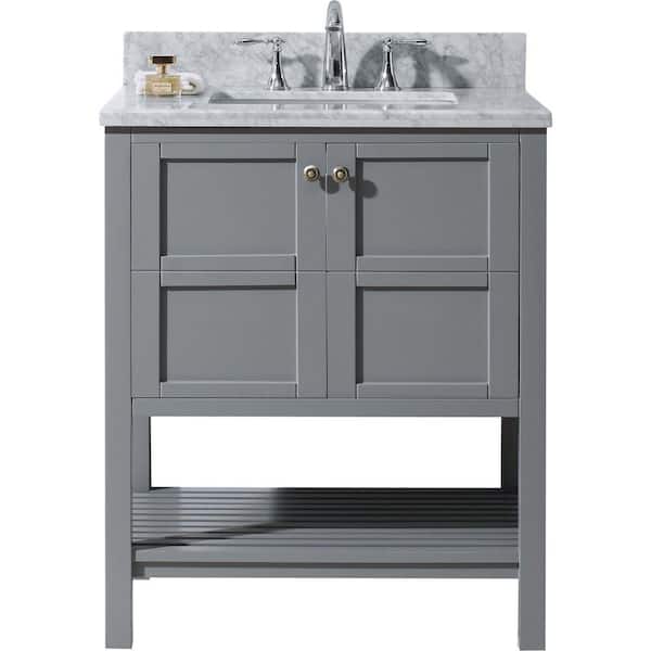 Virtu USA Winterfell 30 in. W Bath Vanity in Gray with Marble Vanity Top in White with Square Basin