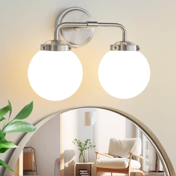 Deyidn 14.17 in. 2-Light Nickel Bathroom Vanity Light with Opal Glass Shades, Bulb Not Included