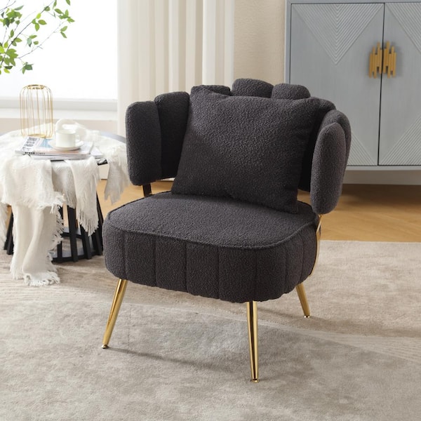 HOMEFUN Modern Black Boucle Upholstered Accent Armchair with Metal Frame and Pillow