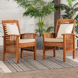 2-Piece Brown Acacia Wood Outdoor Lounge Chair with Beige Cushions