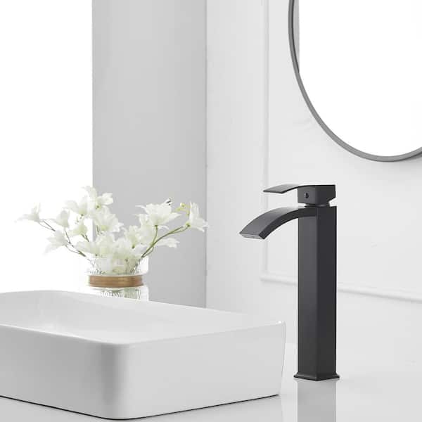 Single Hole Single Handle High Arc Bathroom Faucet With Pop Up Drain Without Overflow in Matte Black