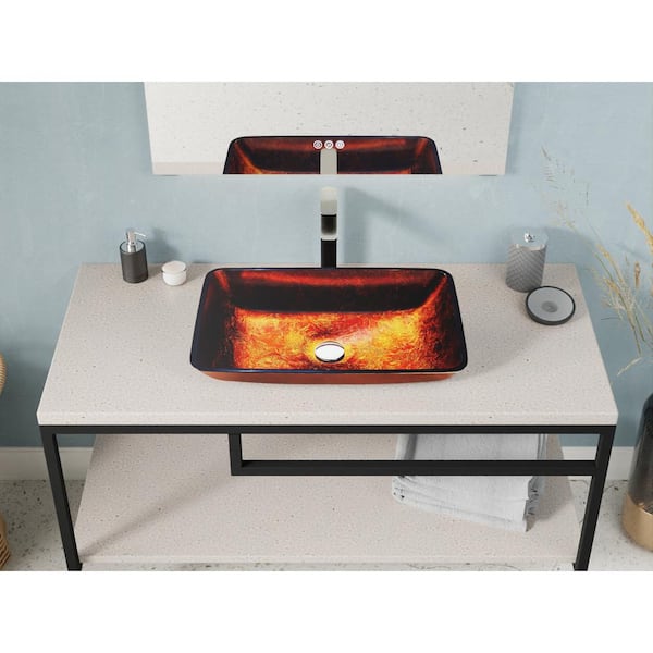 Paradiso Series 22 in. Rectangular Bathroom Vessel Sink in Celestial Bronze Finish Glass with Chrome Pop-Up Drain