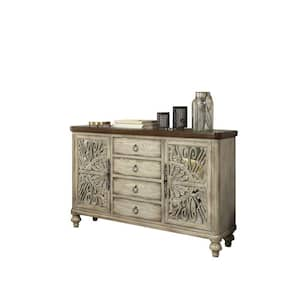 60 in. qt. Antique White Rectangle Wood Top Console Table with 2 Doors and 4-Drawers