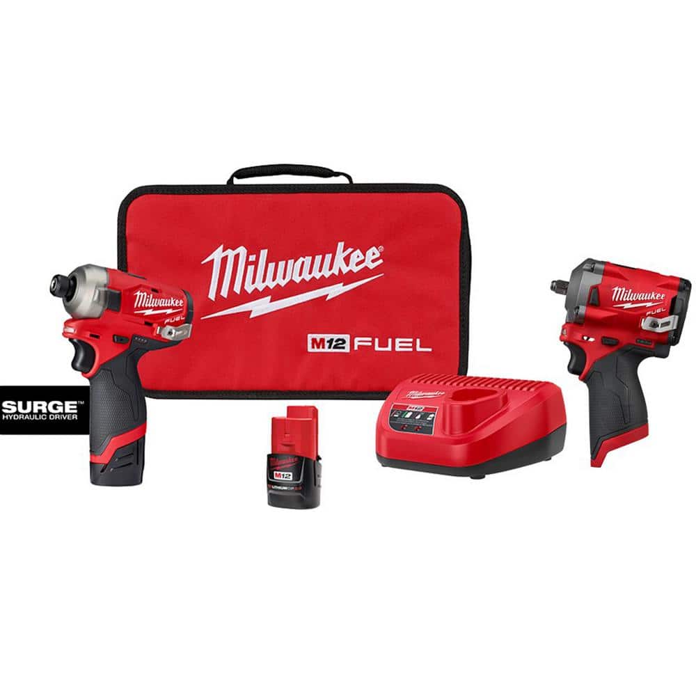 Milwaukee M12 FUEL SURGE 12V Lithium-Ion Brushless Cordless 1/4 in. Hex Impact Driver Compact Kit & M12 FUEL 3/8 in. Impact Wrench -  2551-22-2554-20