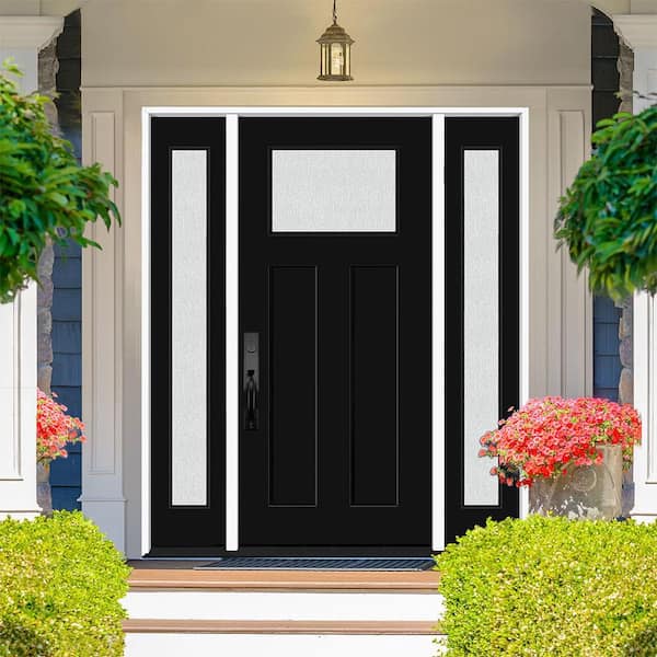Legacy 64 in. x 80 in. 1/4-Toplite Rain Glass RHIS Black Finish Fiberglass Prehung Front Door with Dbl 12 in. SL