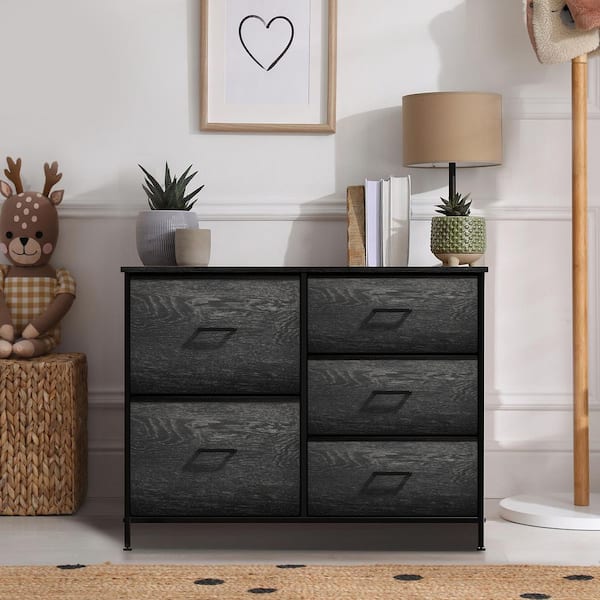 Sorbus Rustic Black 5 Drawer 33.5 in. Wide Dresser without Mirror Storage Organizer with Steel Frame Wood Top and Fabric Bins