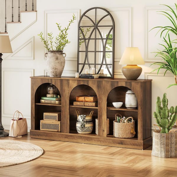 63 in. Rustic Brown Rectangle MDF Console Table with Storage, Farmhouse Entryway Table, Long Sofa Table Behind Couch