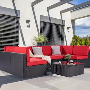 7-Piece Patio Conversation Sofa Set Furniture Sectional Seating Set with Red Cushion & Tempered Glass Desktop