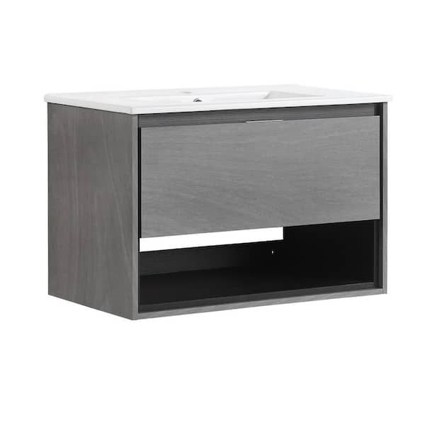 Unbranded 30 in. W x 18 in. D x 20 in . H Floating Bath Vanity in Gray with White Cultured Marble Top and 1 Soft Close Drawer