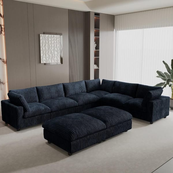 157.48 in. Square Arm Oversized Rabbit Hair Plush Fabric 8-Piece Modular Sectional Sofa with Ottoman in. Black